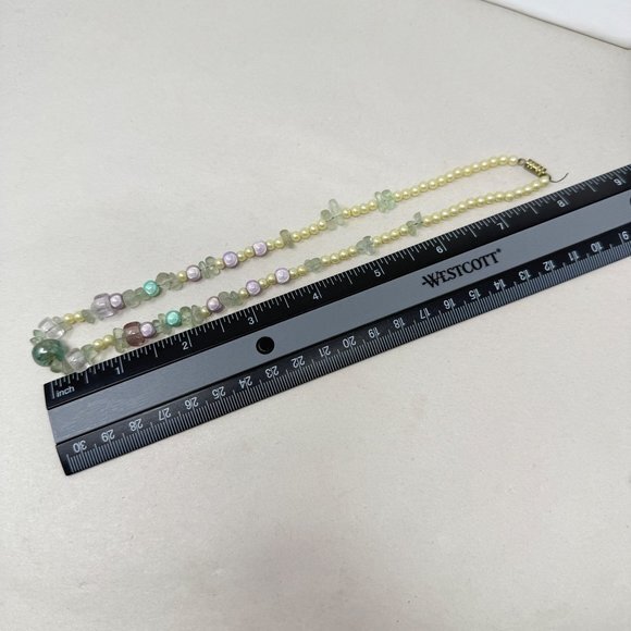 Fluorite Chips & Foil Glass Beads Necklace Vintage Pastels‎ Dainty Faux Pearls - Picture 4 of 9